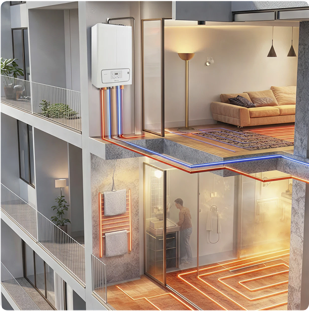 Schéma coupe d'immeuble illustrant un système de chauffage central au sol et radiateur sèche-serviettes alimenté par une chaudière murale